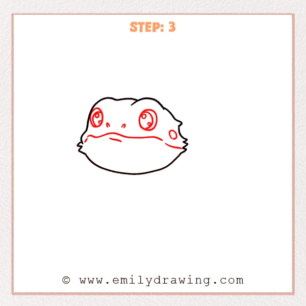 how to draw a bearded dragon - Step 3: Big eyes, nostrils, a mouth line, and a cheek spot are added to the bearded dragon face.